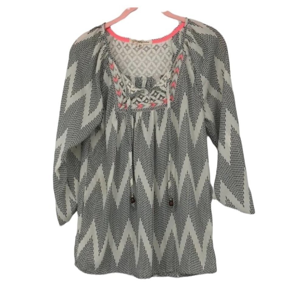 Rewind Creme chevron print peasant blouse with neon pink pops of color XS
